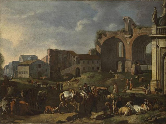 Campo Vaccino with the Basilica of Maxentius, vintage artwork by Pieter van Bloemen, 12x8" (A4) Poster
