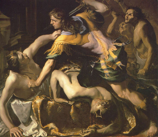 Orestes Slaying Aegisthus and Clytemnestra, vintage artwork by Bernardino Mei, 12x8" (A4) Poster