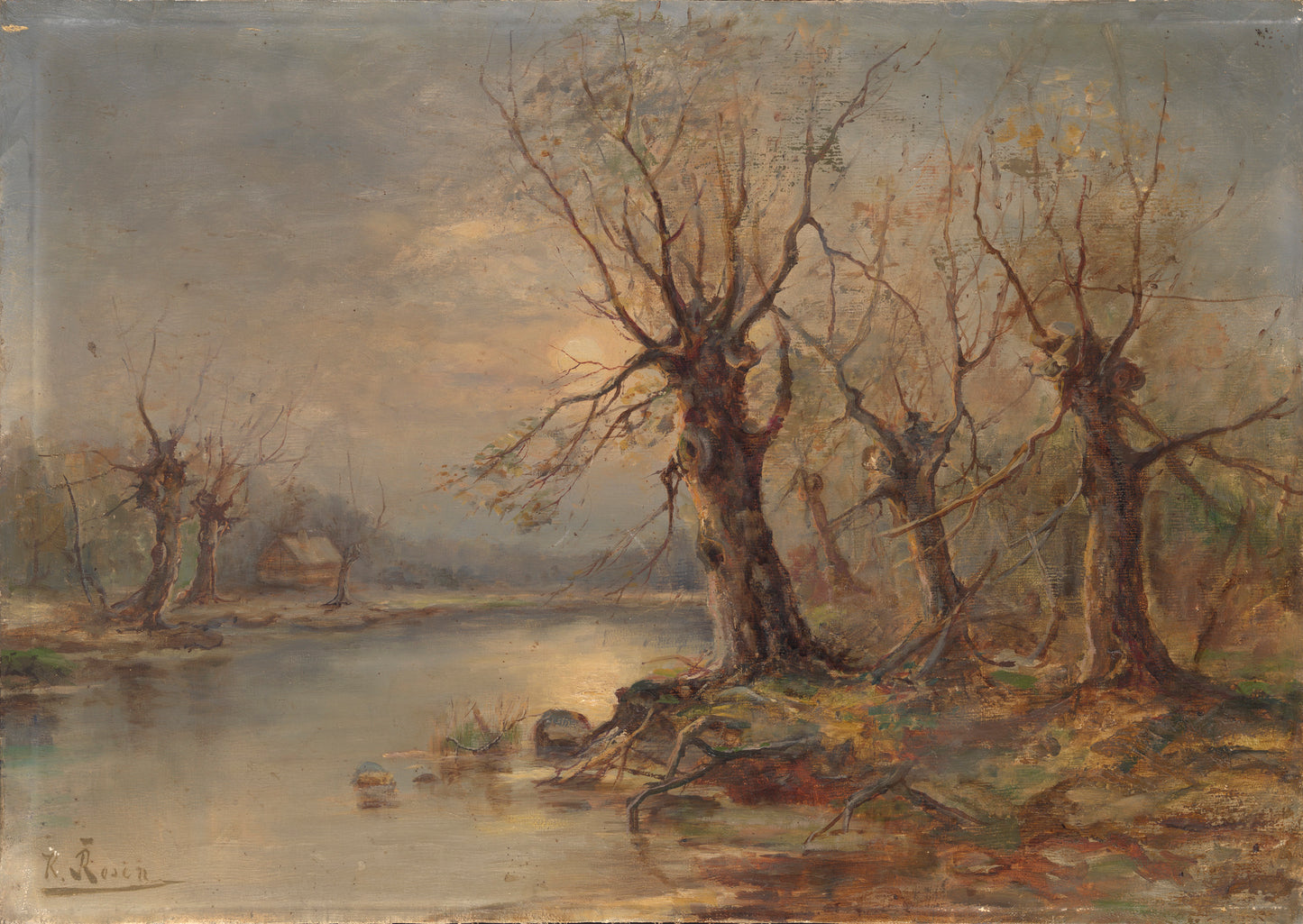 River Landscape with a Hut, vintage artwork by Karl Rosen, 12x8" (A4) Poster