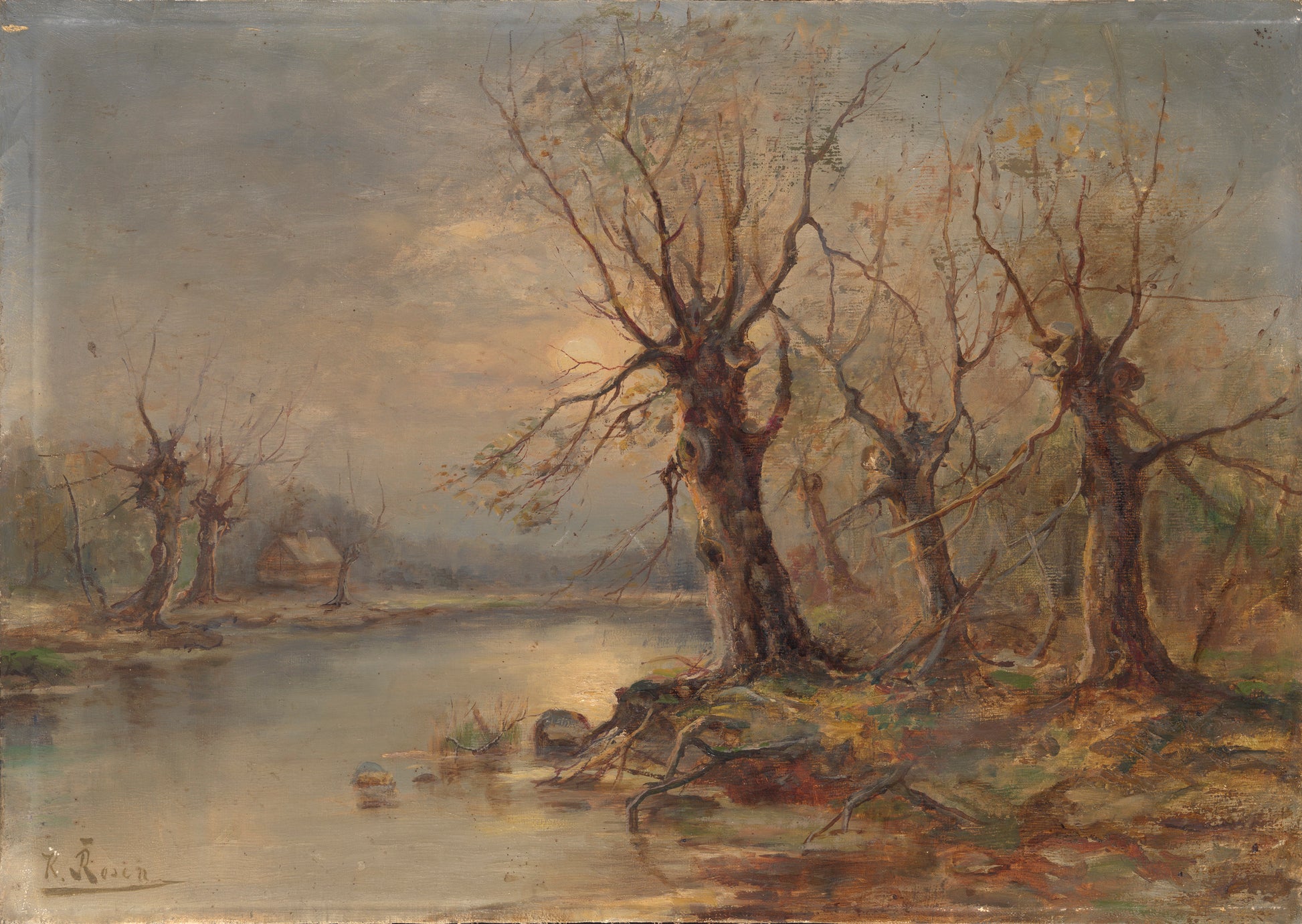 River Landscape with a Hut, vintage artwork by Karl Rosen, 12x8" (A4) Poster
