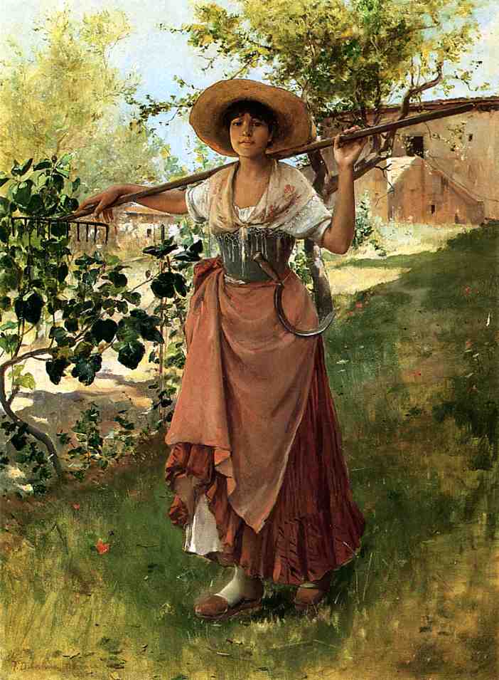 Italian Girl with Rake, vintage artwork by Frank Duveneck, 12x8" (A4) Poster