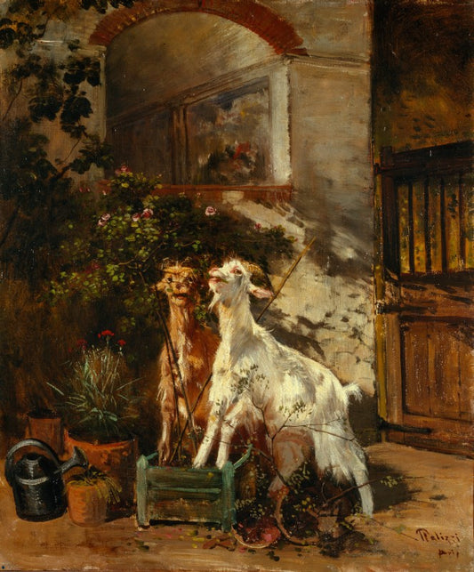 Goats Grazing on a Rose Bush, vintage artwork by Giuseppe Palizzi, A3 (16x12") Poster Print