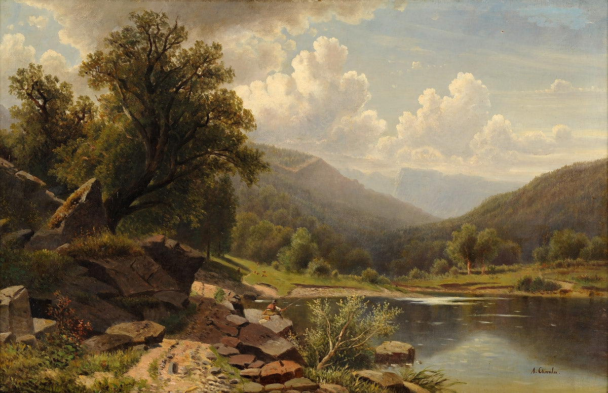 Landscape with Angler, vintage artwork by Adolf Chwala, 12x8" (A4) Poster