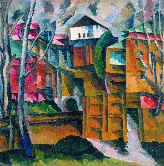 Landscape with a White House and Yellow Gate, vintage artwork by Aristarkh Lentulov, 12x8" (A4) Poster