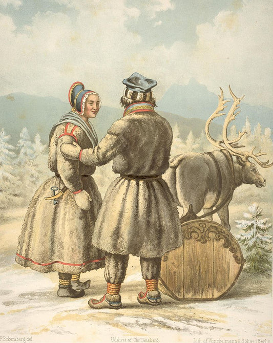 Sami people in winter garments in Karasjok, Norway, vintage artwork by Johan Fredrik Eckersberg, A3 (16x12") Poster Print