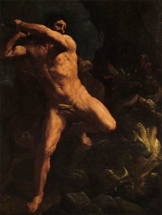 Hercules Vanquishing the Hydra of Lerma, vintage artwork by Guido Reni, 12x8" (A4) Poster