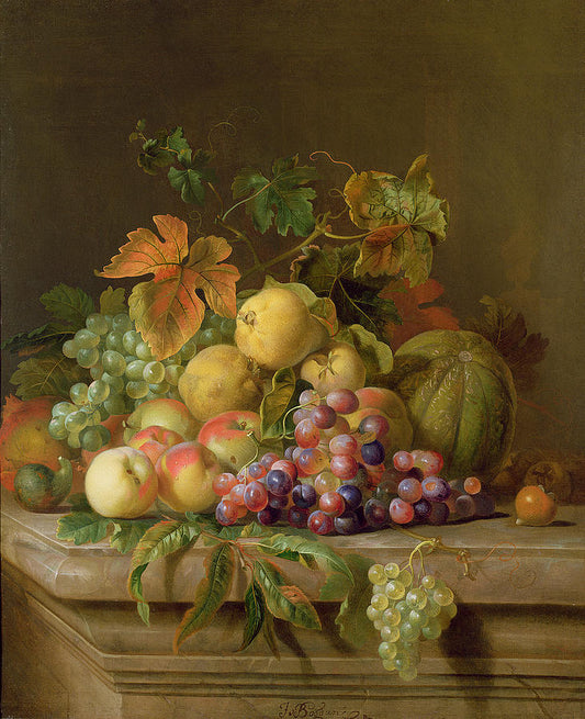 A Still Life Of Melons Grapes And Peaches On A Ledge, vintage artwork by Jakob Bogdány, 12x8" (A4) Poster