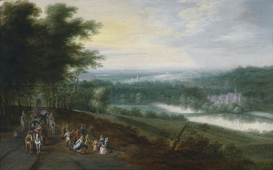 Extensive River Landscape with Travelers and Dancing Peasants, vintage artwork by Lucas van Uden, 12x8" (A4) Poster