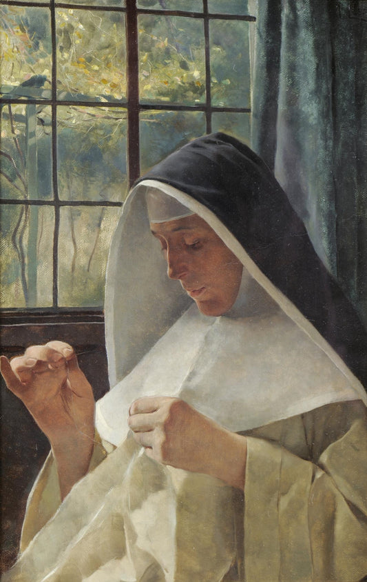 Portrait of a Nun Sewing Beside a Sunlit Window, vintage artwork by Tito Giovanni Lessi, 12x8" (A4) Poster