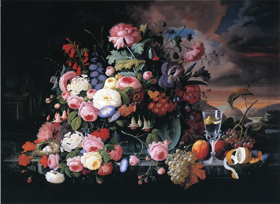 Still Life of Flowers and Fruit with a River Landscape in the Distance, vintage artwork by Severin Roesen, A3 (16x12") Poster Print
