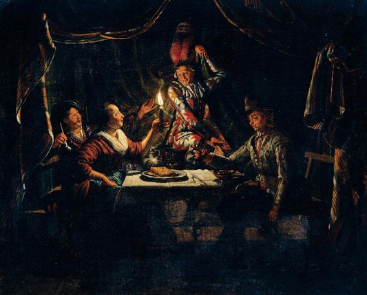 Nocturnal Scene With A Harlequin Surprising A Merry Company In A Curtained Interior, vintage artwork by Matthijs Naiveu, 12x8" (A4) Poster