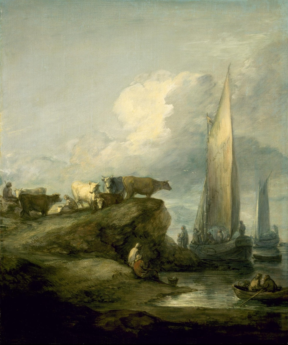 Coastal Scene with Shipping and Cattle, vintage artwork by Thomas Gainsborough, 12x8" (A4) Poster
