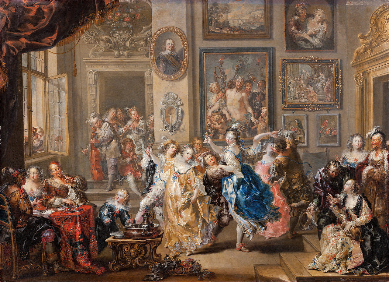 Dancing Scene, vintage artwork by Johann Georg Platzer, 12x8" (A4) Poster