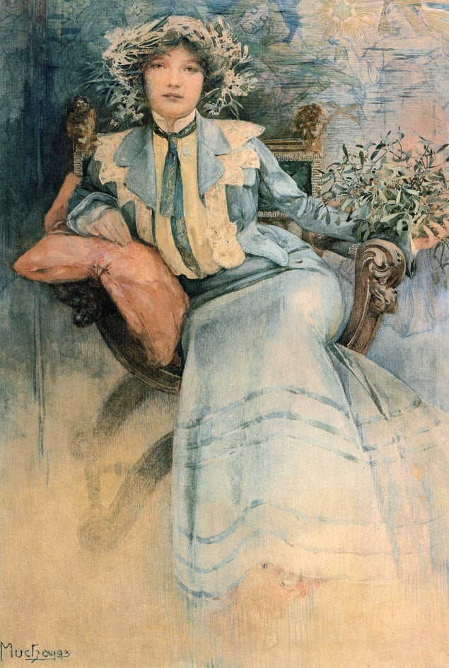 Mistletoe: Portrait of Mme. Mucha, vintage artwork by Alfons Mucha, 12x8
