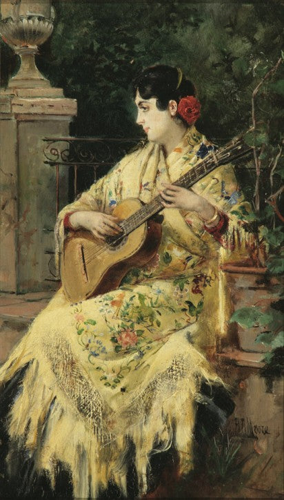 Spanish Woman Playing Guitar, vintage artwork by Harry Humphrey Moore, 12x8" (A4) Poster