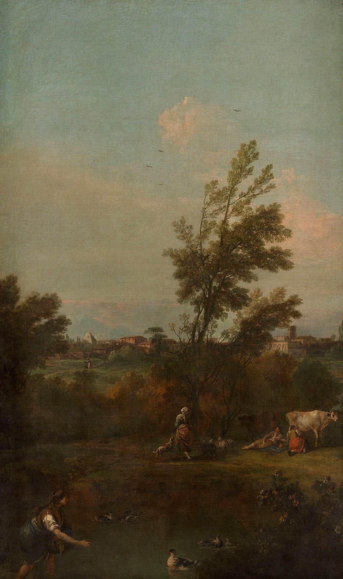 Landscape with a Woman Wading in a Pond with Ducks, vintage artwork by Francesco Zuccarelli, 12x8" (A4) Poster