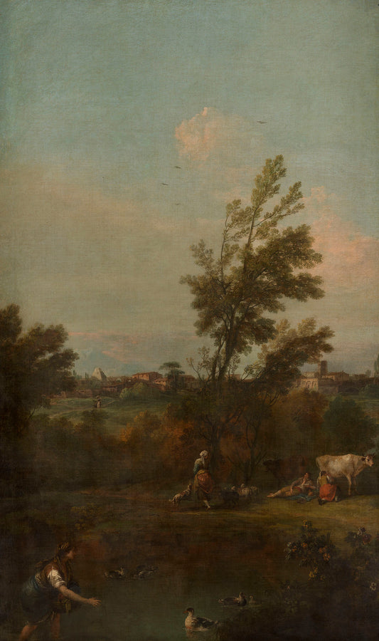 Landscape with a Woman Wading in a Pond with Ducks, vintage artwork by Francesco Zuccarelli, 12x8" (A4) Poster