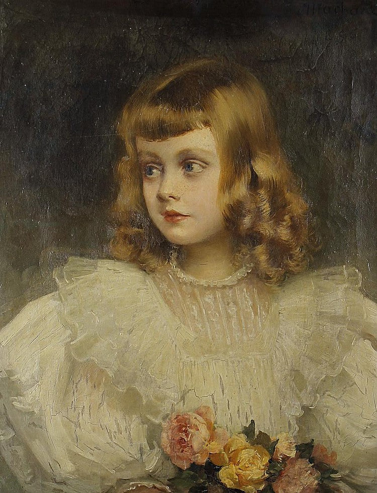 Portrait of a Young Girl Holding a Bouquet of Pink and Yellow Roses, vintage artwork by Jules Louis Machard, 12x8" (A4) Poster