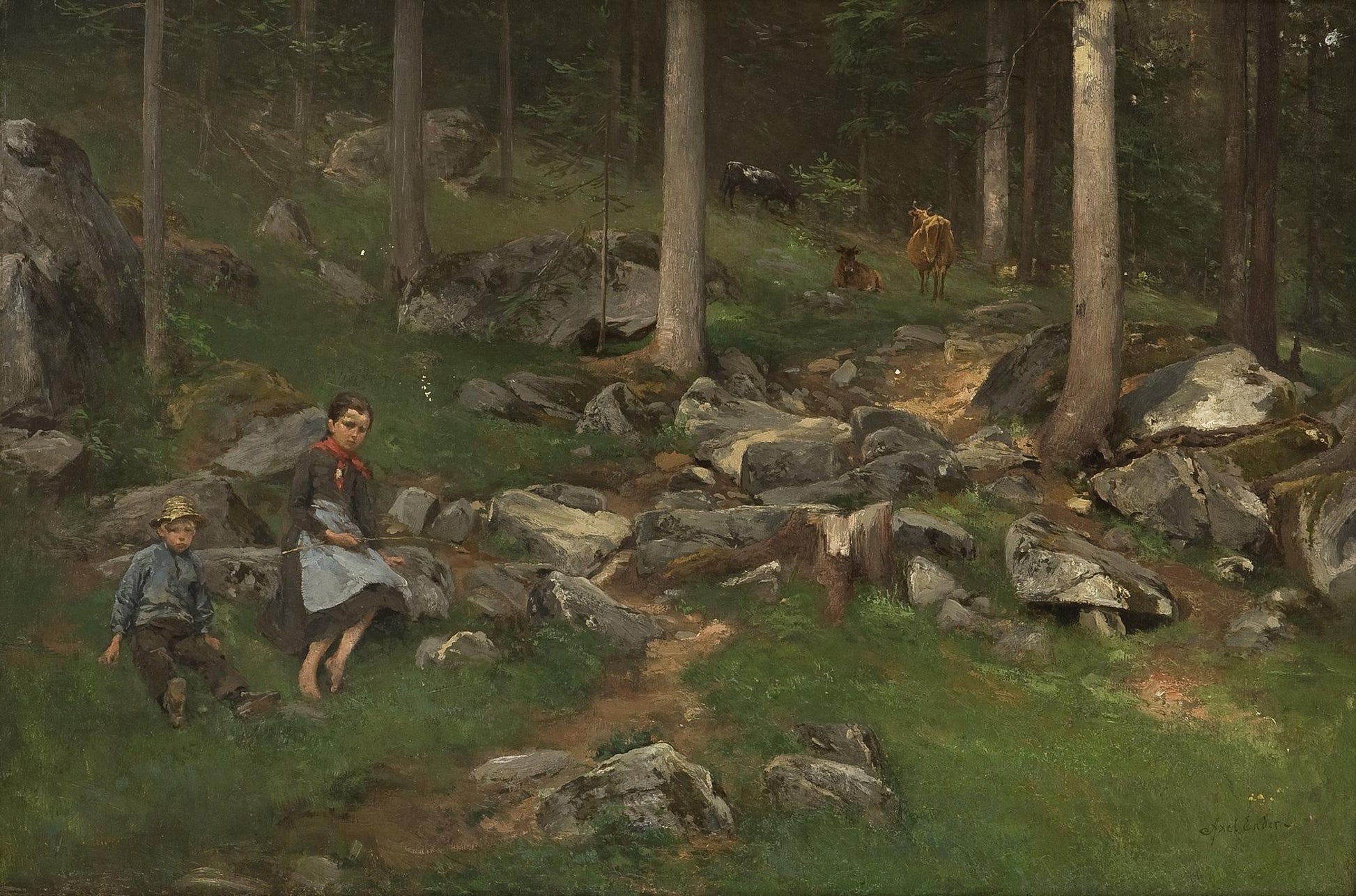 Part Of A Wood With Girl, Boy And Cows by Axel Hjalmar Ender,A3(16x12")Poster
