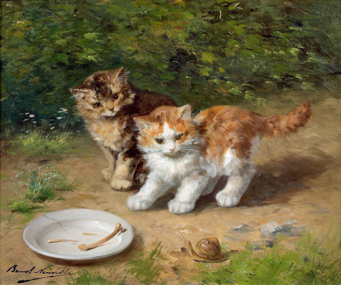two kittens with a snail by Alfred Brunel de Neuville,A3(16x12")Poster
