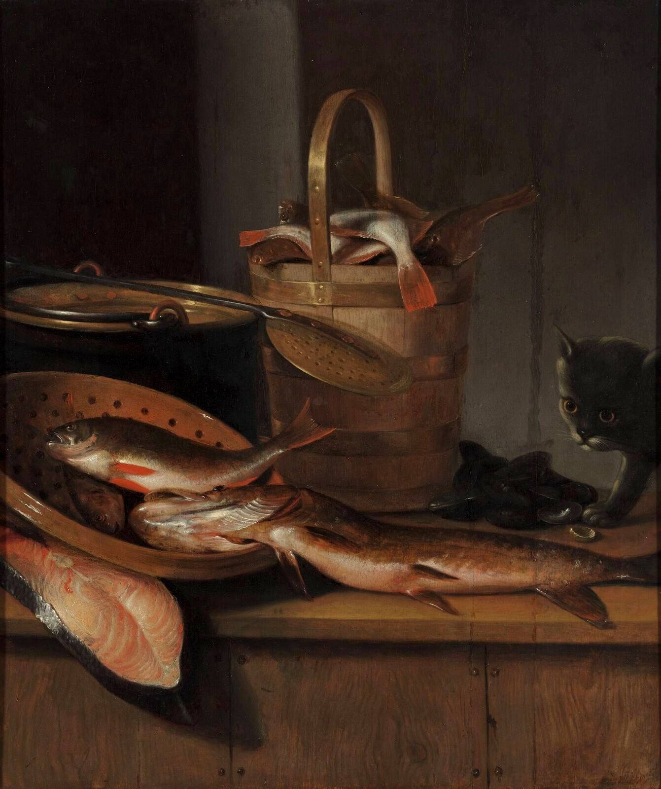Still life with fish and a cat, vintage artwork by Wallerant Vaillant, 12x8" (A4) Poster