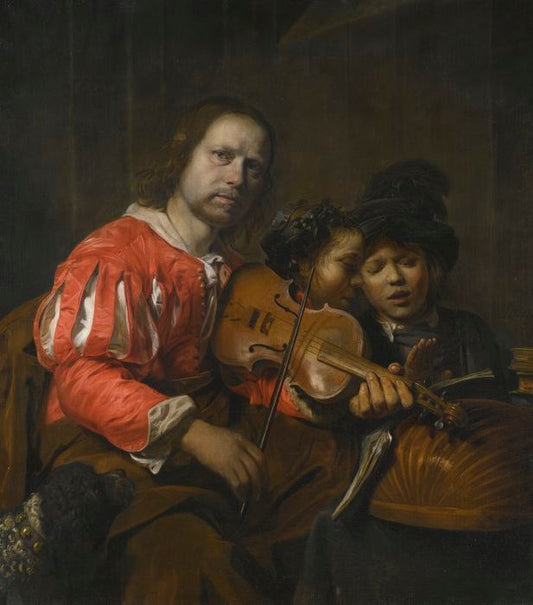A violin player accompanying two young singers, vintage artwork by Jan de Bray, 12x8" (A4) Poster