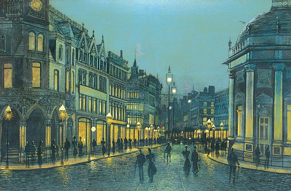 Boar Lane at Night, vintage artwork by Wilfred Jenkins, 12x8" (A4) Poster