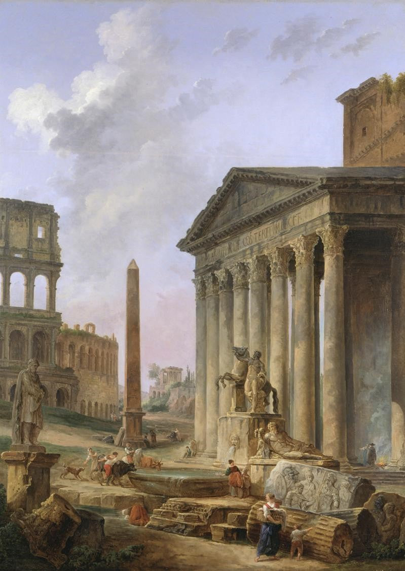 Landscape with a Temple, vintage artwork by Hubert Robert, 12x8" (A4) Poster