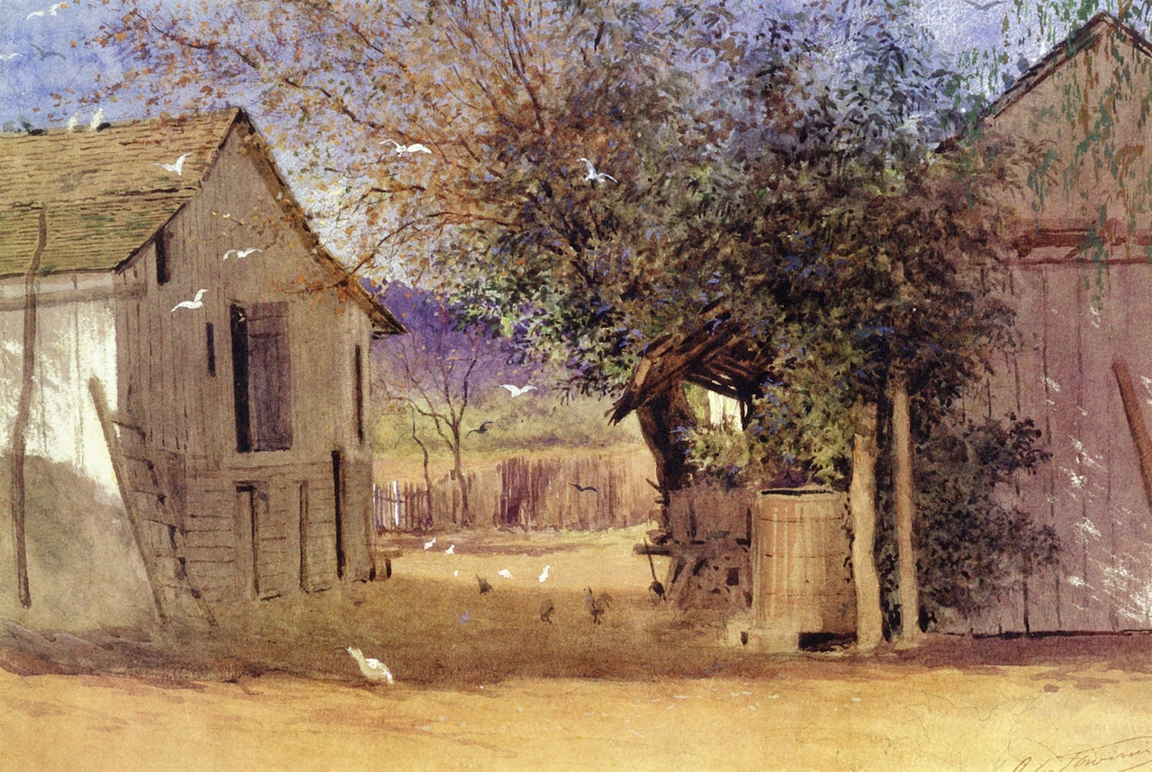 The Block's Farmyard on Dry Creek, near Healdsburg, Sonoma County, California, vintage artwork by Jules Tavernier, 12x8" (A4) Poster