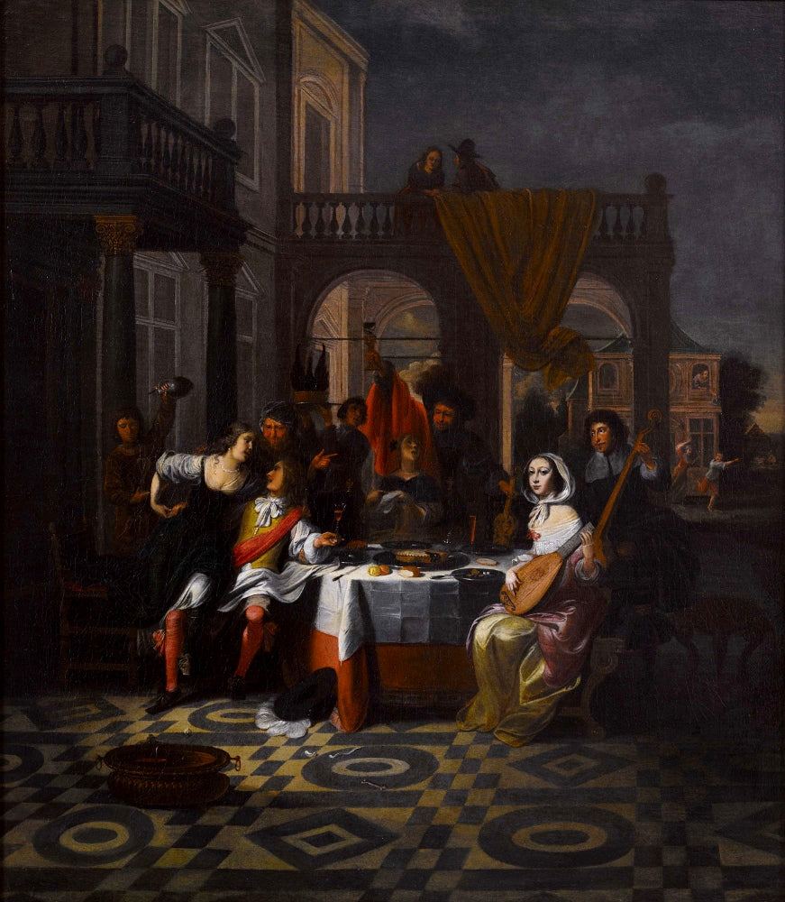 The Prodigal Son Dining with a Music-Making Party, vintage artwork by Hieronymus Janssens, 12x8" (A4) Poster
