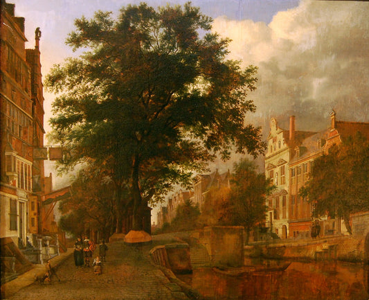 Fantasized Amsterdam cityscape with moat, vintage artwork by Jan van der Heyden, 12x8" (A4) Poster