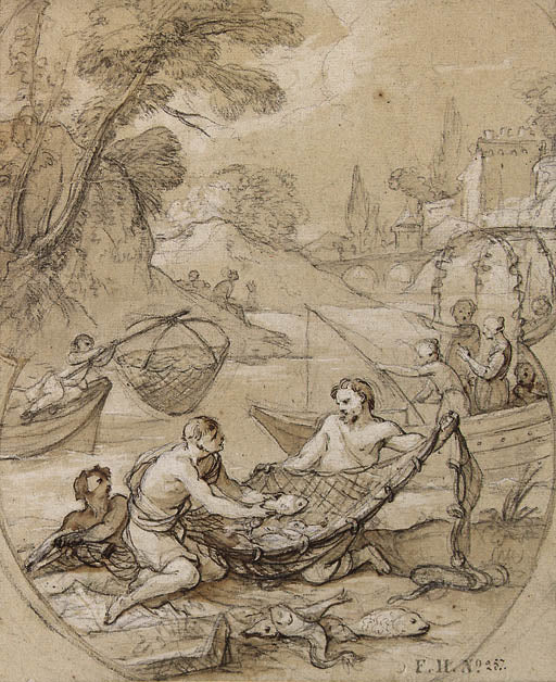 Fishermen Drawing their Nets, vintage artwork by Charles-Joseph Natoire, 12x8" (A4) Poster