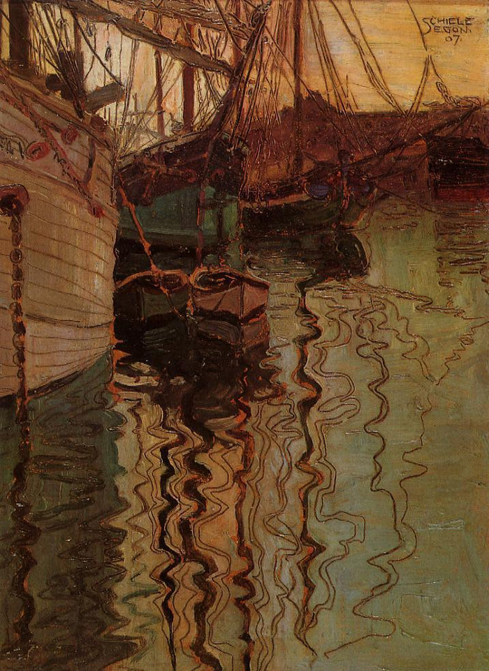 Harbor of Trieste, vintage artwork by Egon Schiele, 12x8