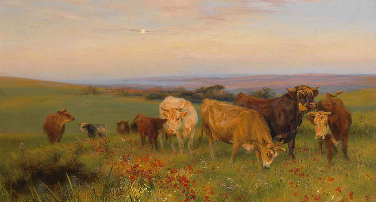 Herd of Cows in a Blossoming Meadow on the Cliffs, vintage artwork by Henry William Banks Davis, R.A., 12x8" (A4) Poster