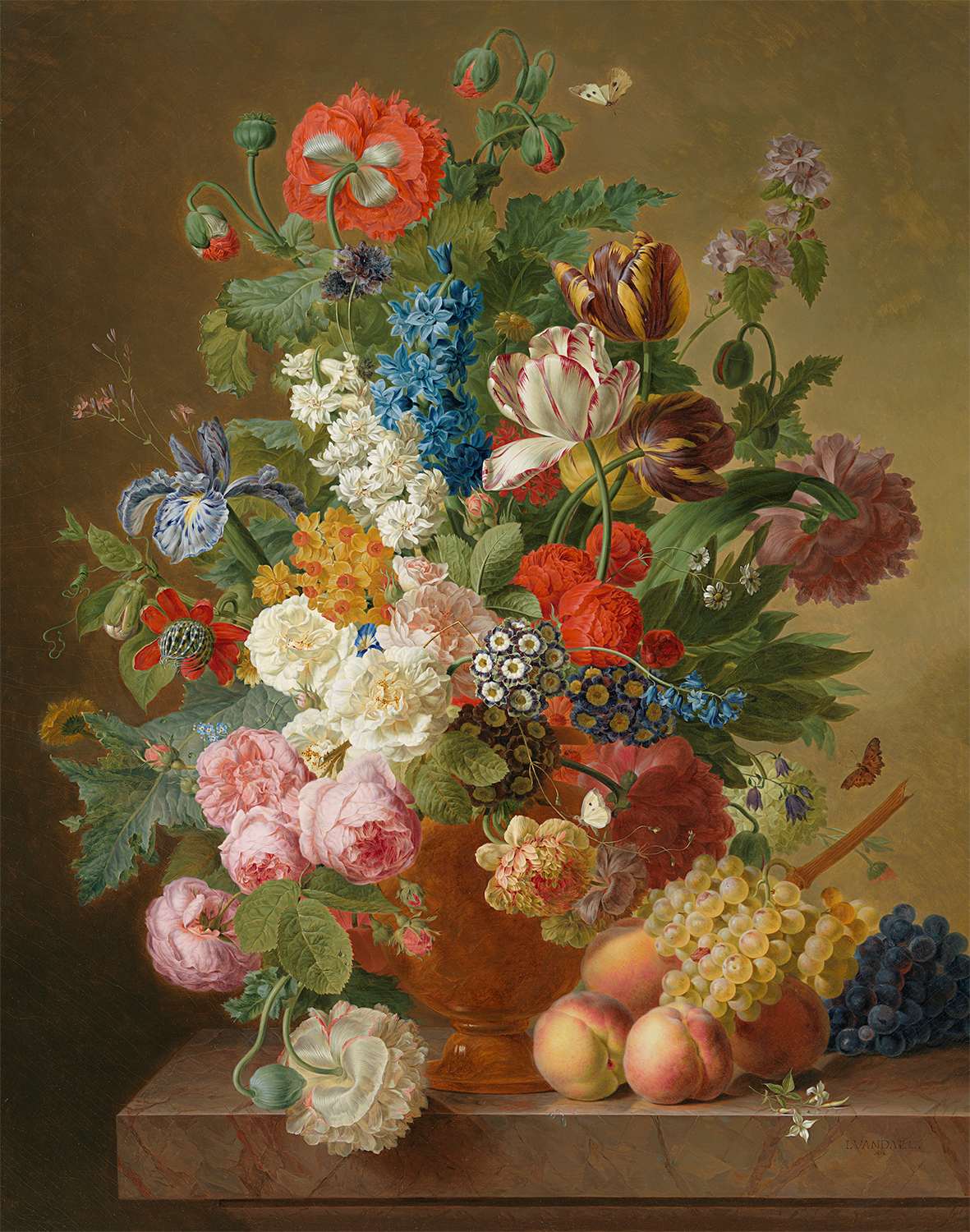 Peonies, Roses, Tulips, an Iris and Other Flowers in an Alabaster Vase on a Stone Ledge with Fruit, vintage artwork by Jan Frans van Dael, 12x8" (A4) Poster