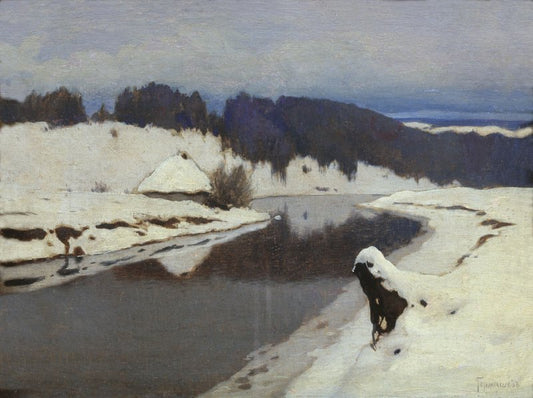 Winter Landscape with River, vintage artwork by Mikhail Germashev, 12x8" (A4) Poster