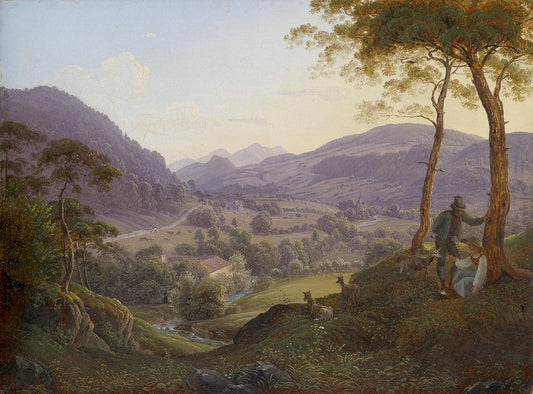 Mountains near Salzburg with a Young Couple, vintage artwork by Attributed to Franz Ludwig Catel, 12x8" (A4) Poster