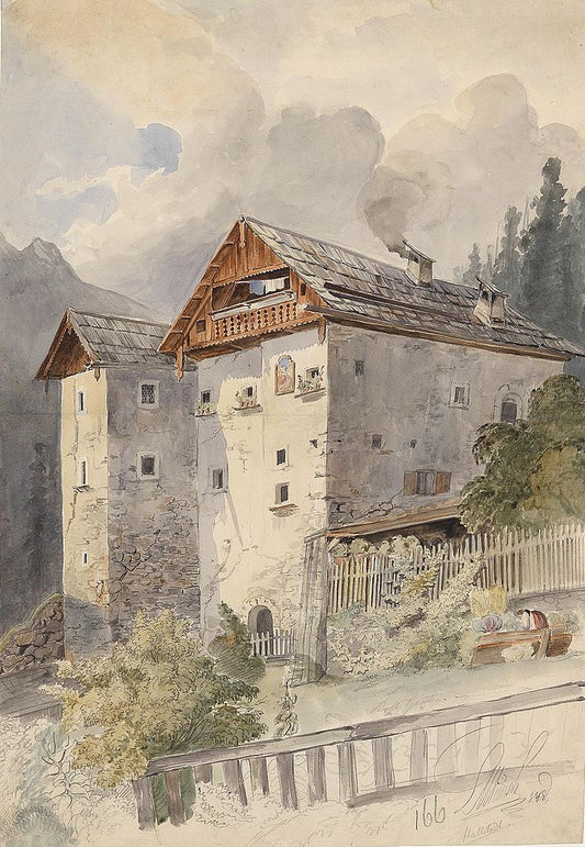Old houses in Hallstatt, vintage artwork by Leopold Munsch, 12x8" (A4) Poster