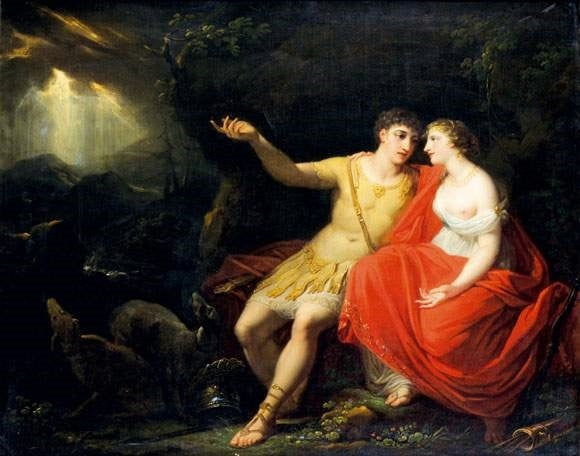 Dido and Aeneas in the Grotto, vintage artwork by Attributed to Johann Heinrich Tischbein the Elder, 12x8" (A4) Poster