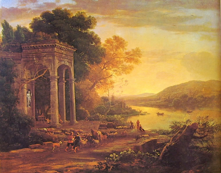 Landscape with a Temple of Bacchus, vintage artwork by Claude Lorrain, 12x8" (A4) Poster