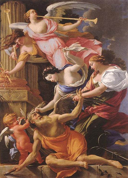 Saturn, Conquered by  Amor, Venus and Hope, vintage artwork by Simon Vouet, 12x8" (A4) Poster