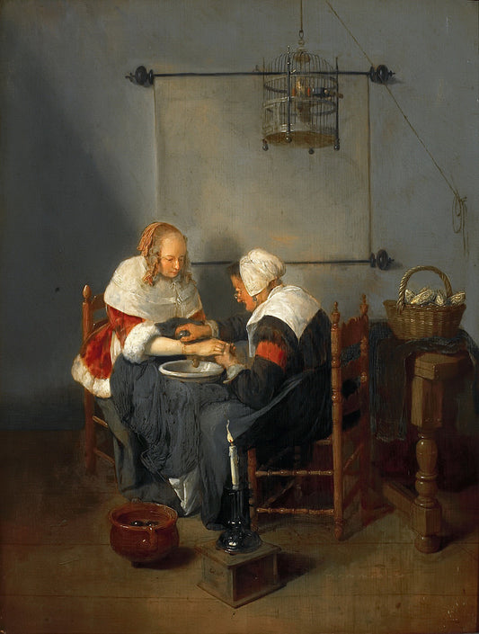 Old Woman Bleeding a Young Woman, vintage artwork by Quiringh van Brekelenkam, 12x8" (A4) Poster
