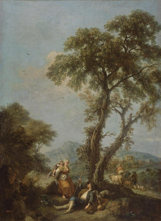 Landscape with a Woman Carrying a Child, vintage artwork by Francesco Zuccarelli, 12x8" (A4) Poster