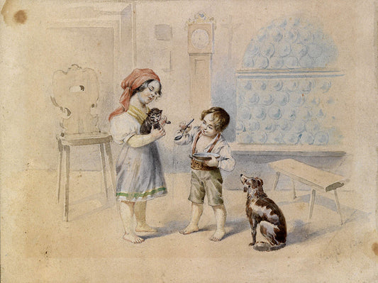 Children Playing with a Kitten, vintage artwork by Johann Matthias Ranftl, A3 (16x12") Poster Print