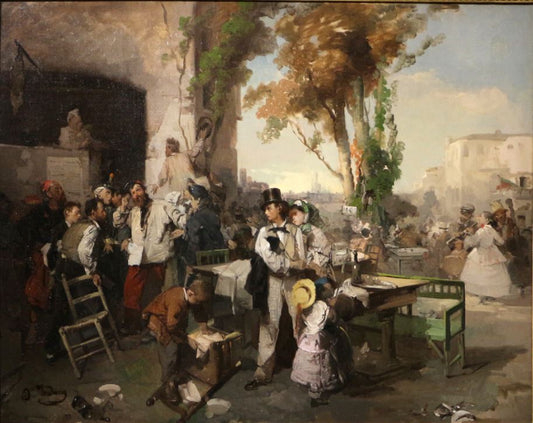 The arrival of the Bulletin Villafranca, vintage artwork by Domenico Induno, A3 (16x12") Poster Print