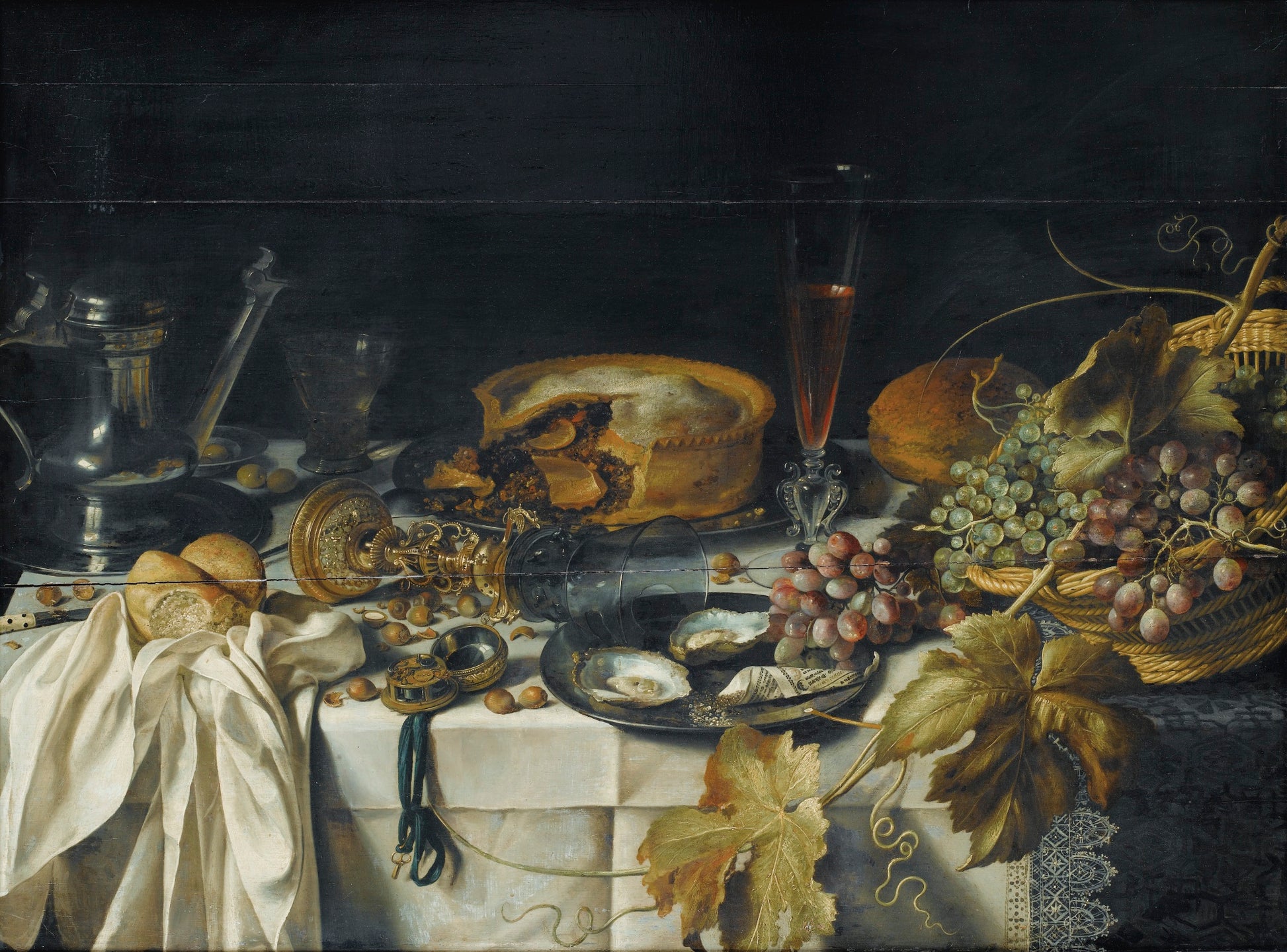 Still Life with a Pie, Basket of Grapes, Pitcher and Watch, vintage artwork by Pieter Claesz, 12x8" (A4) Poster
