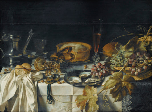 Still Life with a Pie, Basket of Grapes, Pitcher and Watch, vintage artwork by Pieter Claesz, 12x8" (A4) Poster