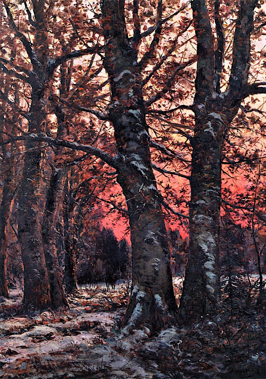 Snowy Woods at Sunset with Grazing Deer, vintage artwork by William Preston Phelps, 12x8" (A4) Poster
