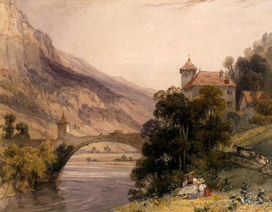 The Bridge of St. Maurice, Valais, Switzerland, vintage artwork by Richard Parkes Bonington, A3 (16x12") Poster Print