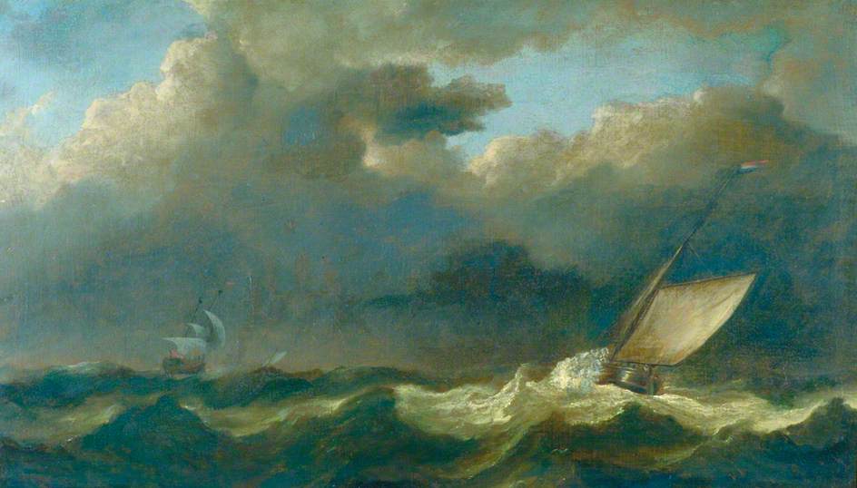 Fishing Boat and Man O'War in a Strong Breeze, vintage artwork by Willem van de Velde the Younger, 12x8" (A4) Poster